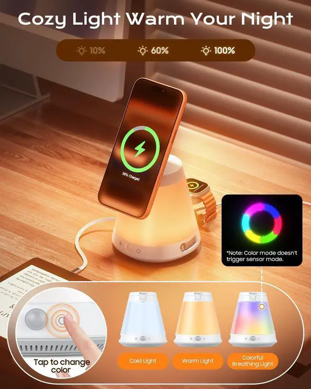 Alt view image 4 of 7 - 45W 5 in 1 for MagSafe Charger for Multiple Devices, Charging Station with Automatic Sensor/Constant Night Light, Adjustable Color, Type C & Lightning Retractable Cable for iPad/AirPods