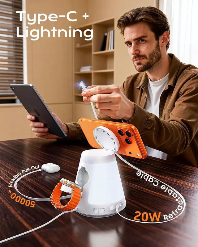 Alt view image 5 of 7 - 45W 5 in 1 for MagSafe Charger for Multiple Devices, Charging Station with Automatic Sensor/Constant Night Light, Adjustable Color, Type C & Lightning Retractable Cable for iPad/AirPods