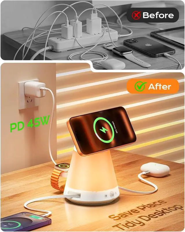 Alt view image 7 of 7 - 45W 5 in 1 for MagSafe Charger for Multiple Devices, Charging Station with Automatic Sensor/Constant Night Light, Adjustable Color, Type C & Lightning Retractable Cable for iPad/AirPods