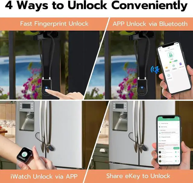 Alt view image 4 of 7 - Fingerprint Cable Lock, Fridge Locks with Bluetooth APP Control, Biometric Smart Padlock for Adults Baby Proof Cabinet Refrigerator French Door Cabinet Gate Locker Bike, 14.9'' Long Black