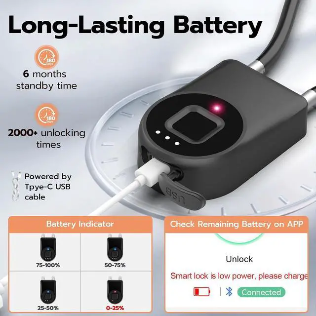 Alt view image 6 of 7 - Fingerprint Cable Lock, Fridge Locks with Bluetooth APP Control, Biometric Smart Padlock for Adults Baby Proof Cabinet Refrigerator French Door Cabinet Gate Locker Bike, 14.9'' Long Black