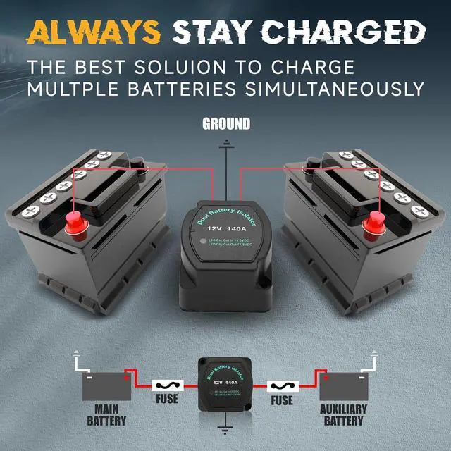 Alt view image 5 of 7 - 12v 140 A Dual Battery Isolator Kit - ATV/UTV Wiring Kit - Voltage Sensitive Relay - VSR - Boat Dual Battery Smart Isolator Kit, Automatic Battery Disconnect Switch