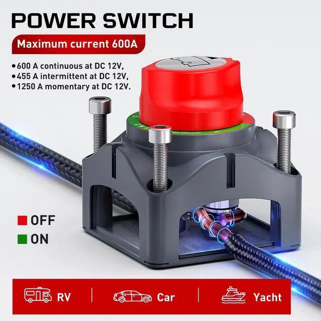Alt view image 2 of 7 - 600A High Current Battery Switch | 12V-48V ON Off Heavy Duty Battery Power Cut Master Switch Disconnect Isolator for Truck Vehicle Trailer RV Marine Boat Yacht