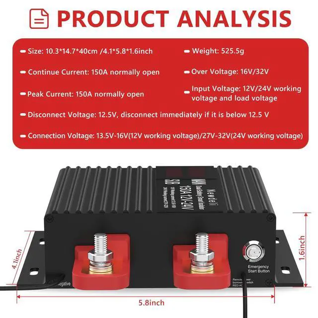 Alt view image 2 of 7 - 150 Amp Dual Battery Isolator 12V/24V Universal Voltage Sensitive Relay VSR Smart Dual Battery Isolator Kit for Marine RV UTV Car Boat Truck Trailer ATV Camper Moto