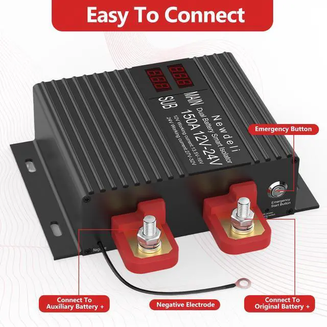 Alt view image 4 of 7 - 150 Amp Dual Battery Isolator 12V/24V Universal Voltage Sensitive Relay VSR Smart Dual Battery Isolator Kit for Marine RV UTV Car Boat Truck Trailer ATV Camper Moto