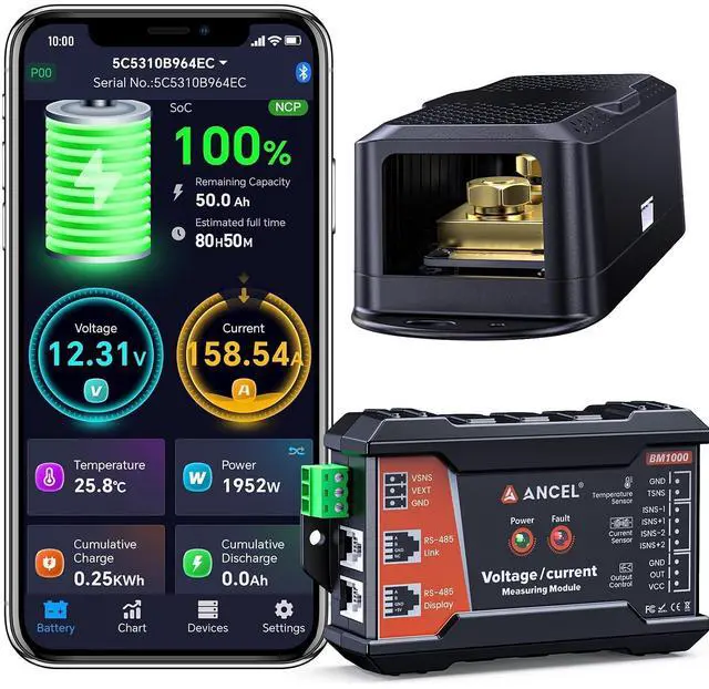 Main image of BM1000 Bluetooth Battery Monitor with 400A Smart Shunt, 10-120V Capacity Meter for LiFePO4, Lithium, AGM & Lead-Acid Banks, SOC Voltage Current App for RV, Marine, Solar
