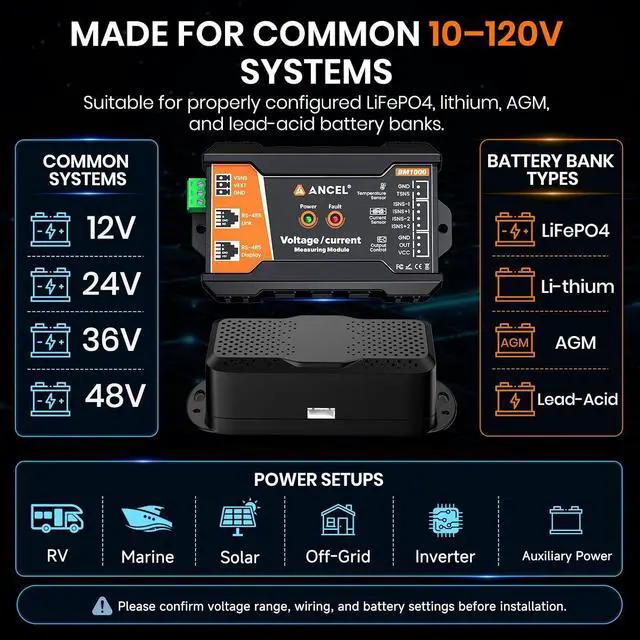 Alt view image 4 of 7 - BM1000 Bluetooth Battery Monitor with 400A Smart Shunt, 10-120V Capacity Meter for LiFePO4, Lithium, AGM & Lead-Acid Banks, SOC Voltage Current App for RV, Marine, Solar