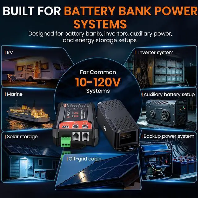 Alt view image 2 of 7 - BM1000 Bluetooth Battery Monitor with 400A Smart Shunt, 10-120V Capacity Meter for LiFePO4, Lithium, AGM & Lead-Acid Banks, SOC Voltage Current App for RV, Marine, Solar