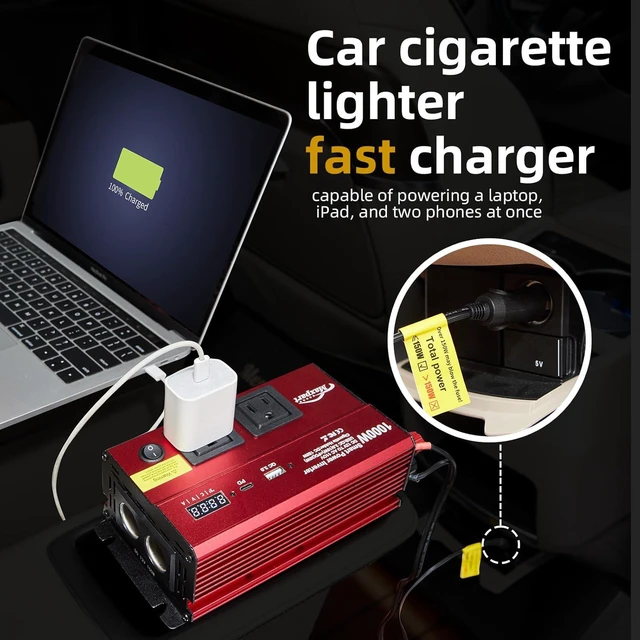 Alt view image 4 of 7 - 1000W Car Power Inverter, 12V DC to 110V Dual AC Outlets, 3.0A USB & Type-C, 12-Volt Cigarette Lighter Inverter for Vehicles