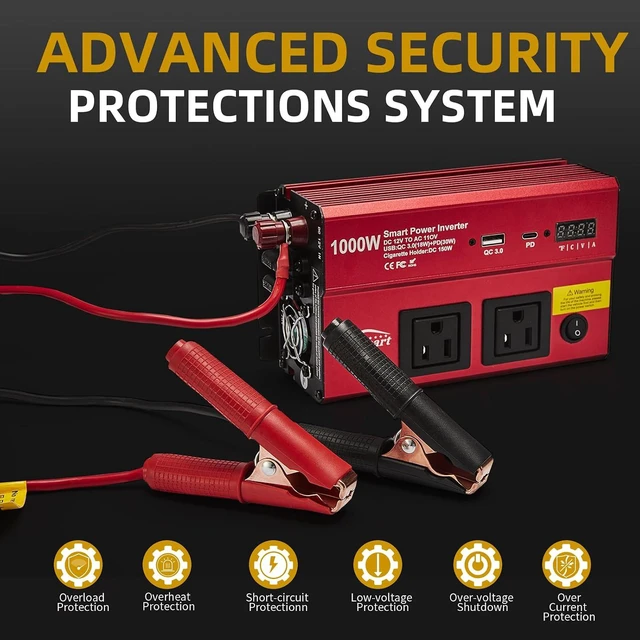 Alt view image 6 of 7 - 1000W Car Power Inverter, 12V DC to 110V Dual AC Outlets, 3.0A USB & Type-C, 12-Volt Cigarette Lighter Inverter for Vehicles
