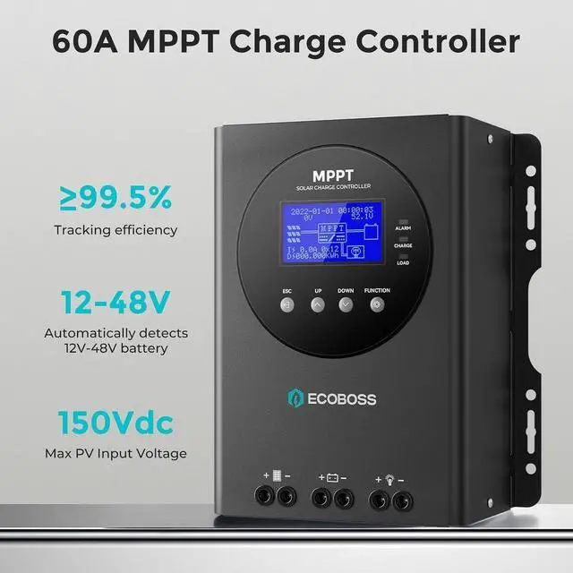 Alt view image 2 of 7 - 60A MPPT Solar Charge Controller 12V/24V/36V/48V Auto, Max 150V PV Input, LCD Display, Adjustable Parameter Solar Panel Regulator for Lithium, Gel, Flooded Battery