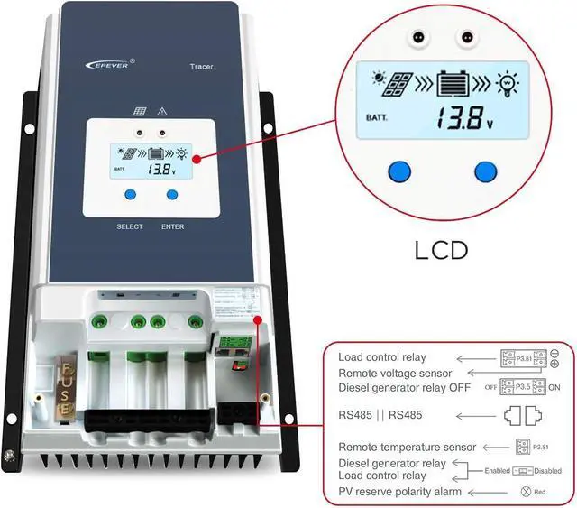 Alt view image 2 of 7 - 60A MPPT Solar Charge Controller 12V/24V/36V/48V DC Automatically Identifying System Voltage Max.PV 150V Solar Panel Regulator (Tracer 6415 an)