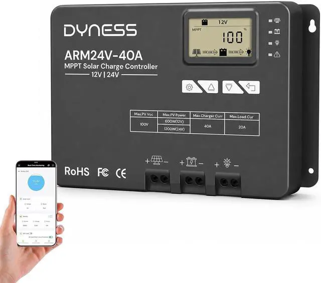Main image of 40A 12V/24V Auto MPPT Solar Charge Controller , APP Control & LCD Display, 40 Amp Solar Regulator for LiFePO4/AGM/Gel/FLD/SLD Batteries - RV, Marine, Off-Grid Systems