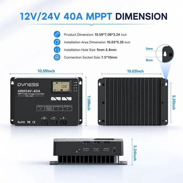Alt view image 2 of 7 - 40A 12V/24V Auto MPPT Solar Charge Controller , APP Control & LCD Display, 40 Amp Solar Regulator for LiFePO4/AGM/Gel/FLD/SLD Batteries - RV, Marine, Off-Grid Systems