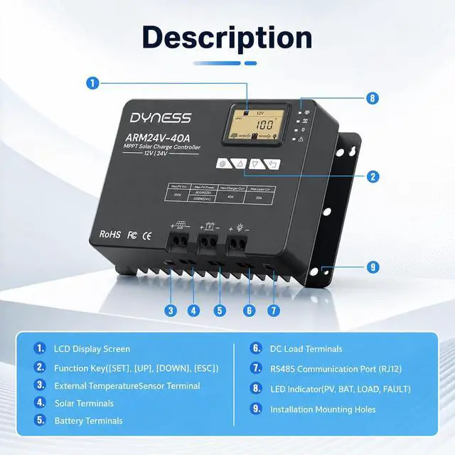 Alt view image 4 of 7 - 40A 12V/24V Auto MPPT Solar Charge Controller , APP Control & LCD Display, 40 Amp Solar Regulator for LiFePO4/AGM/Gel/FLD/SLD Batteries - RV, Marine, Off-Grid Systems