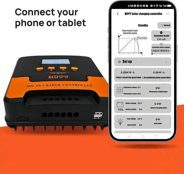 Alt view image 6 of 7 - 40A MPPT Solar Charge Controller, App Control,12V/24V for Off-Grid | 99% Tracking Efficiency, Max 100V PV Input, LCD Display,FLD & LiFePO4 Support for RVs,Boats,Cabins,House & Solar Panels.