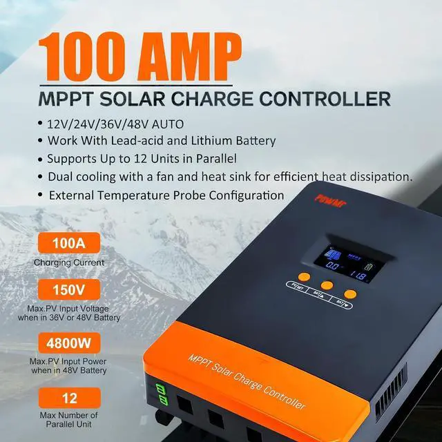 Alt view image 2 of 7 - PowMr 100A MPPT Solar Charge Controller 12V/24V/48V | 12 Units Parallel Support | Dual Cooling Fan & Wide Voltage | Compatible with Lithium/Lead-Acid Batteries | Overload Protection