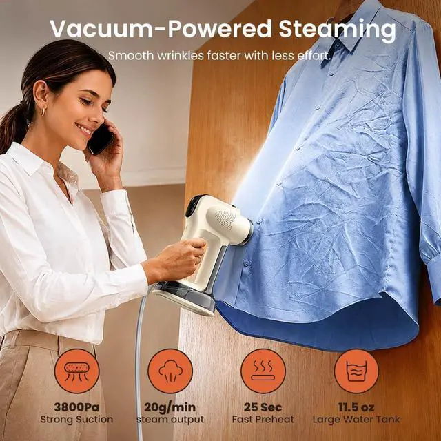 Alt view image 2 of 7 - Vacuum Steamer for Clothes, Handheld Travel Garment Steamer, Beige | 340ml Large Water Tank,3800Pa Suction, Fast Heat-Up 2-in-1 Steam Iron Wrinkle Remover for Travel, Shirts & Delicates