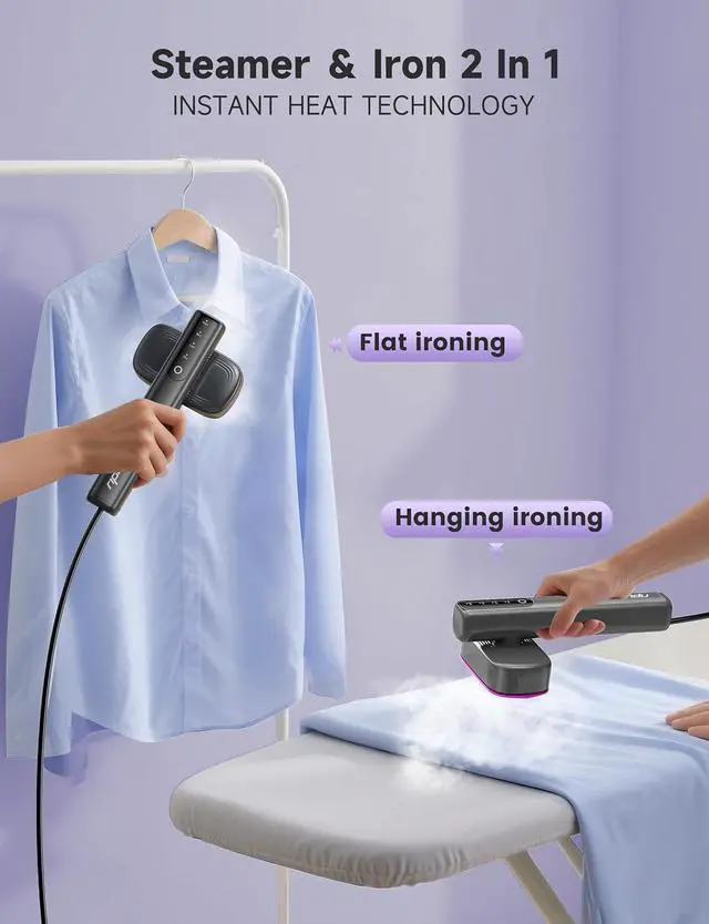 Alt view image 7 of 7 - 2-in-1 Steamer & Iron for Clothes, Travel Steamer for Clothes | 15s Fast Heat-Up 1200W Portable Handheld Garment Steamer 100ml Tank Ceramic Heat Panel Quick Wrinkle Removal Pearl Lavender