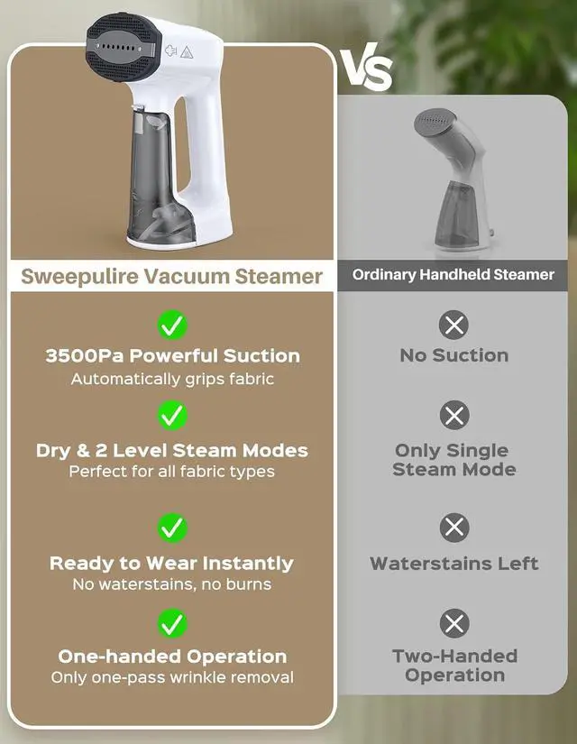 Alt view image 5 of 7 - Vacuum Steamer for Clothes, 3500Pa Handheld Clothes Steamer | Steam & Dry 2-in-1 Modes, LED Display, 1200W High Power Garment Steamer, 3X Faster Wrinkle Removal Clothes Steamer, 110-120V