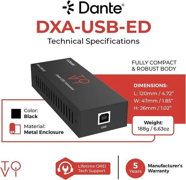 Alt view image 5 of 7 - ToVi Dante USB to Network Audio Adapter - 2-Channel Audio Converter for Dante Network - AES67 Compliant Audio Over IP - 24-bit 44.1/48/96kHz (DXA-USB-ED)
