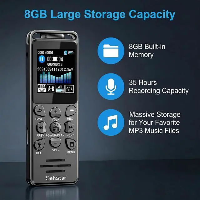 Alt view image 2 of 7 - 8GB Digital Voice Recorder with 35H Recording, Voice Recognition & Playback, 1.44" Color Screen, External Mic, USB-C, Segment & Voice Activated Mode for Meetings & Interviews