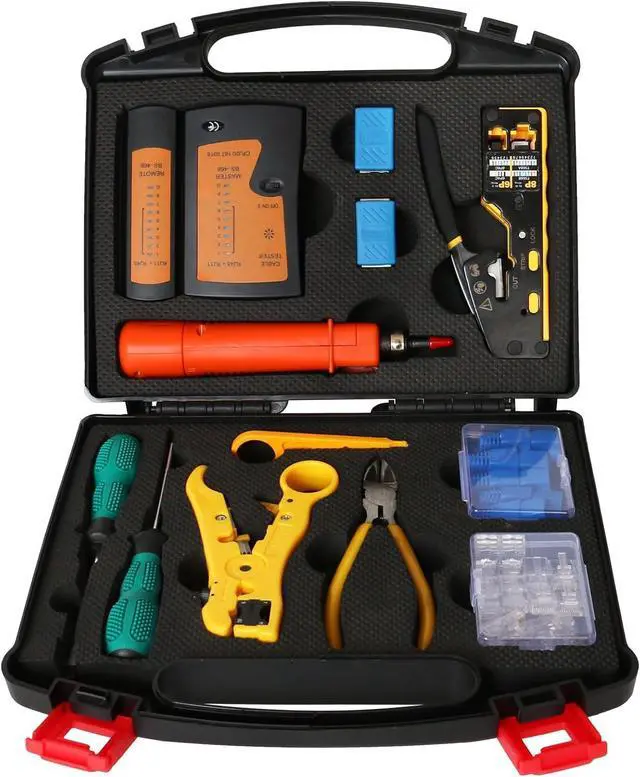 Main image of Network Tool Kit 12 in 1 Professional RJ45 Crimp Tool Kit | Pass Through Crimper RJ45 Tester 110/88 Punch Down Tool Stripper Cutter Cat6 Pass Through Connectors and Boots