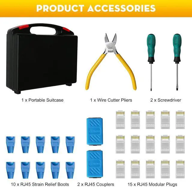 Alt view image 6 of 7 - Network Tool Kit 12 in 1 Professional RJ45 Crimp Tool Kit | Pass Through Crimper RJ45 Tester 110/88 Punch Down Tool Stripper Cutter Cat6 Pass Through Connectors and Boots