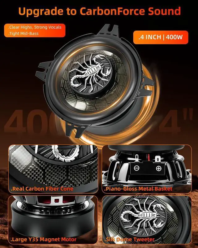 Alt view image 2 of 7 - CarbonForce 4 Inch Speakers, 400W Peak 4 Ohm 4 Inch Car Speakers, 4in 2-Way Coaxial Speakers with Honeycomb Carbon Fiber Cone, N48 Tweeter for Door & Dash, 2 Pack