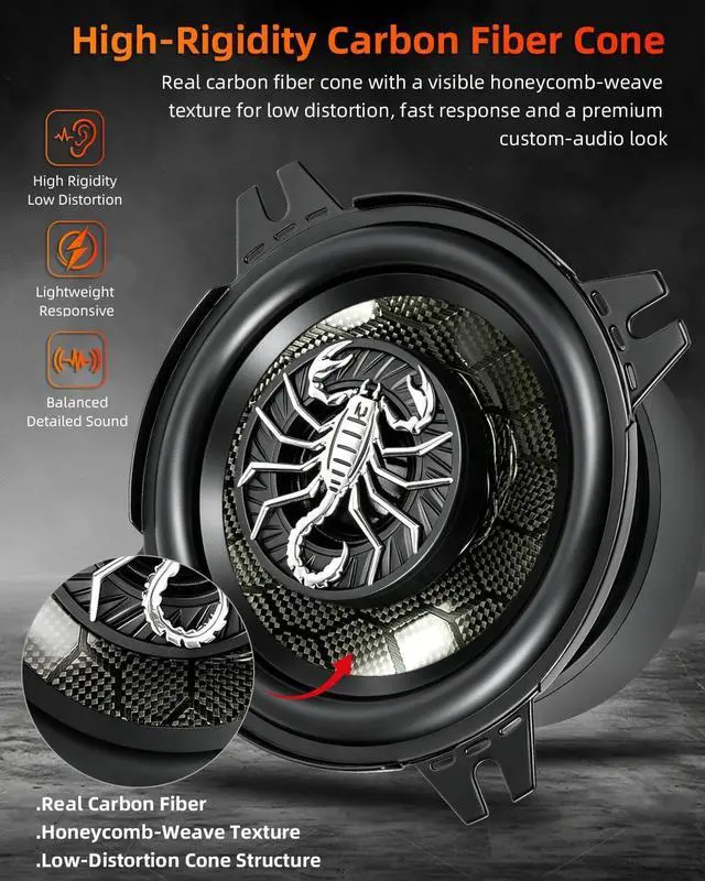 Alt view image 3 of 7 - CarbonForce 4 Inch Speakers, 400W Peak 4 Ohm 4 Inch Car Speakers, 4in 2-Way Coaxial Speakers with Honeycomb Carbon Fiber Cone, N48 Tweeter for Door & Dash, 2 Pack