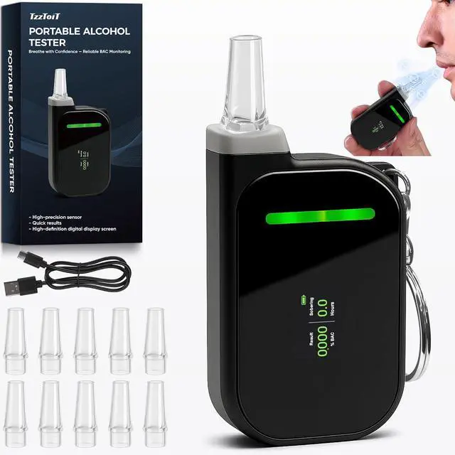 Main image of Portable Breathalyzers for Alcohol, Professional-Grade High Accuracy Alcohol Breathalyzer Tester Keychain, USB Rechargeable, 3-Color Warning & Sobriety Time Reminder, 10 Mouthpieces Included, Black