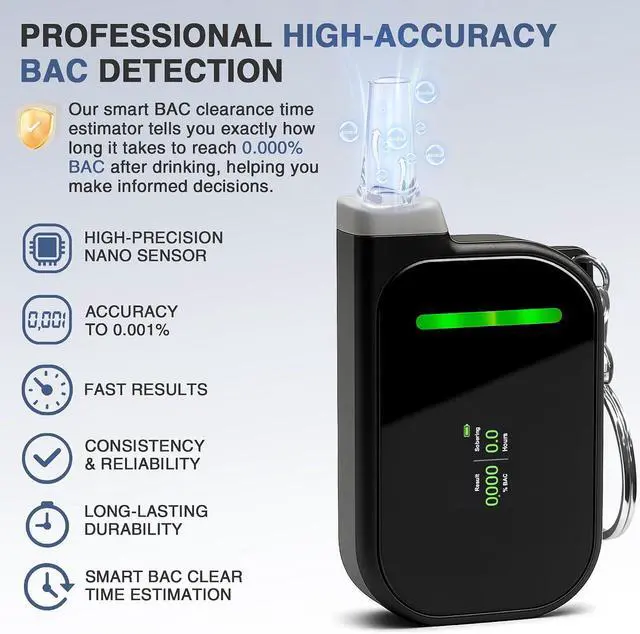 Alt view image 2 of 6 - Portable Breathalyzers for Alcohol, Professional-Grade High Accuracy Alcohol Breathalyzer Tester Keychain, USB Rechargeable, 3-Color Warning & Sobriety Time Reminder, 10 Mouthpieces Included, Black