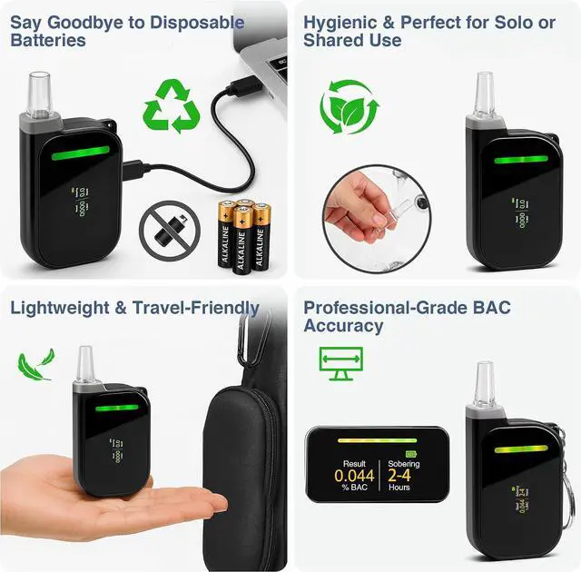 Alt view image 4 of 6 - Portable Breathalyzers for Alcohol, Professional-Grade High Accuracy Alcohol Breathalyzer Tester Keychain, USB Rechargeable, 3-Color Warning & Sobriety Time Reminder, 10 Mouthpieces Included, Black