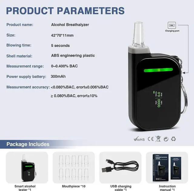Alt view image 5 of 6 - Portable Breathalyzers for Alcohol, Professional-Grade High Accuracy Alcohol Breathalyzer Tester Keychain, USB Rechargeable, 3-Color Warning & Sobriety Time Reminder, 10 Mouthpieces Included, Black