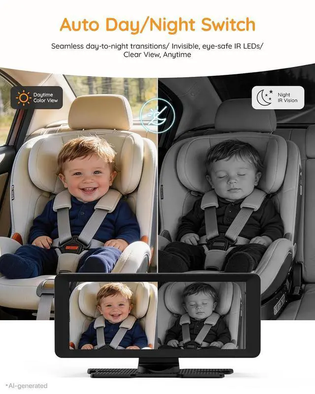 Alt view image 4 of 7 - BM5PRO Baby Car Camera for 2 Kids, 7.2" Split Screen Monitor | 1080P Car Baby Monitor, Automatic Night Vision, 2 Cameras for Rear Facing Seat, 360 Degree Headrest Mount (Orange)
