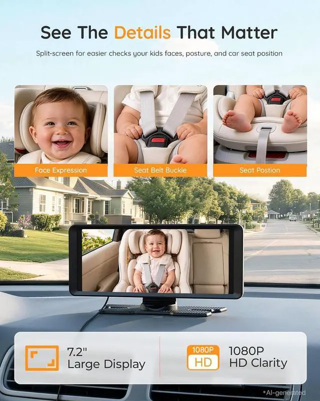 Alt view image 3 of 7 - BM5PRO Baby Car Camera for 2 Kids, 7.2" Split Screen Monitor | 1080P Car Baby Monitor, Automatic Night Vision, 2 Cameras for Rear Facing Seat, 360 Degree Headrest Mount (Orange)