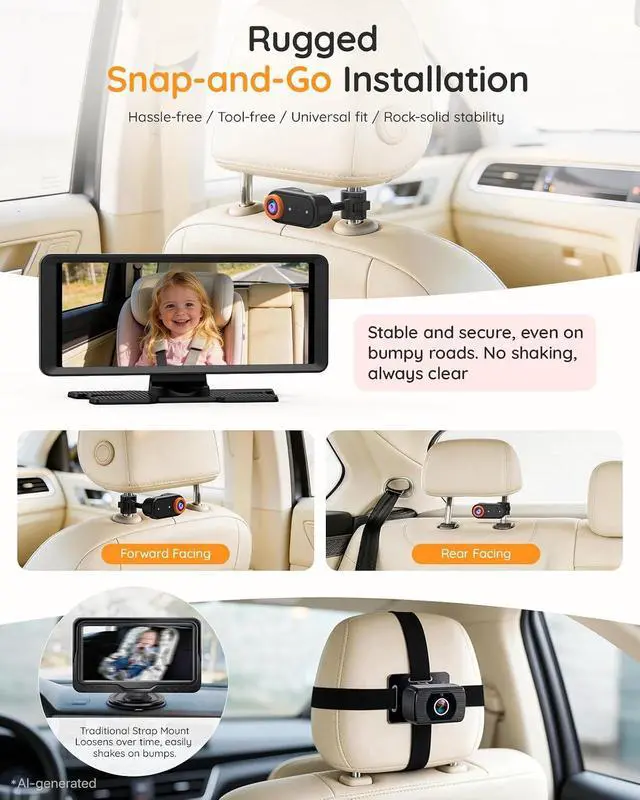 Alt view image 5 of 7 - BM5PRO Baby Car Camera for 2 Kids, 7.2" Split Screen Monitor | 1080P Car Baby Monitor, Automatic Night Vision, 2 Cameras for Rear Facing Seat, 360 Degree Headrest Mount (Orange)