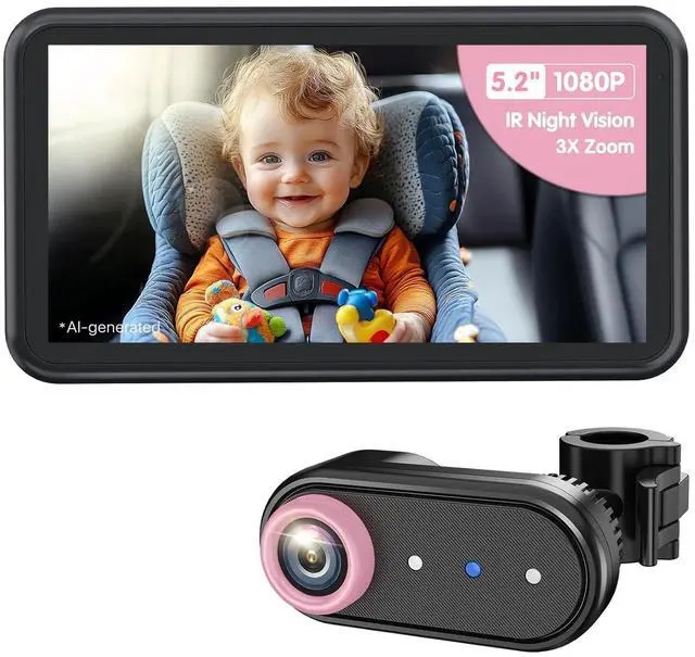 Main image of Baby Car Camera Monitor for Rear-Facing 3X Zoom Infant Monitor | Wide Angle 1080P HD Display, Auto IR Night Vision 5.2" for Kid & Pet Safety, USB Easy Install for New Parents (Pink)