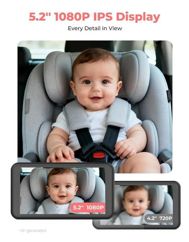 Alt view image 2 of 7 - Baby Car Camera Monitor for Rear-Facing 3X Zoom Infant Monitor | Wide Angle 1080P HD Display, Auto IR Night Vision 5.2" for Kid & Pet Safety, USB Easy Install for New Parents (Pink)