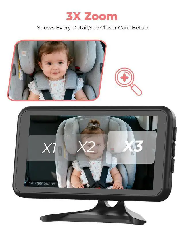 Alt view image 3 of 7 - Baby Car Camera Monitor for Rear-Facing 3X Zoom Infant Monitor | Wide Angle 1080P HD Display, Auto IR Night Vision 5.2" for Kid & Pet Safety, USB Easy Install for New Parents (Pink)