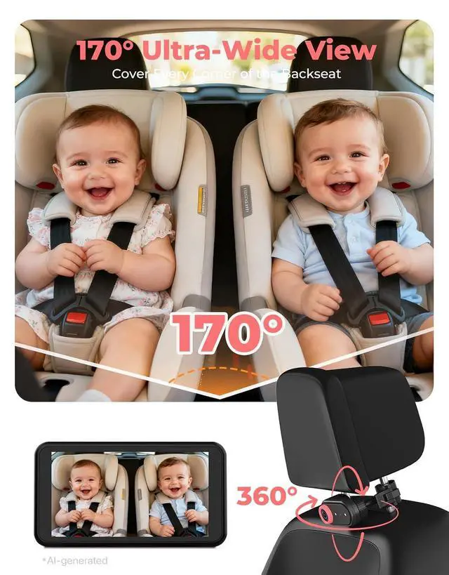 Alt view image 5 of 7 - Baby Car Camera Monitor for Rear-Facing 3X Zoom Infant Monitor | Wide Angle 1080P HD Display, Auto IR Night Vision 5.2" for Kid & Pet Safety, USB Easy Install for New Parents (Pink)