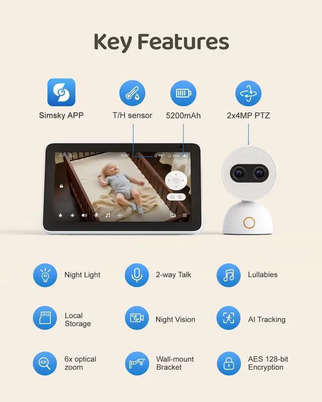 Alt view image 6 of 6 - Video Baby Monitor with 2× 4MP Camera, 7" HD Touch Screen Wifi Smart Audio Monitor, 6x Optical Quality Zoom, App Remote Access, AI Tracking, ligence Detection, 32GB Local Storage | YM300new