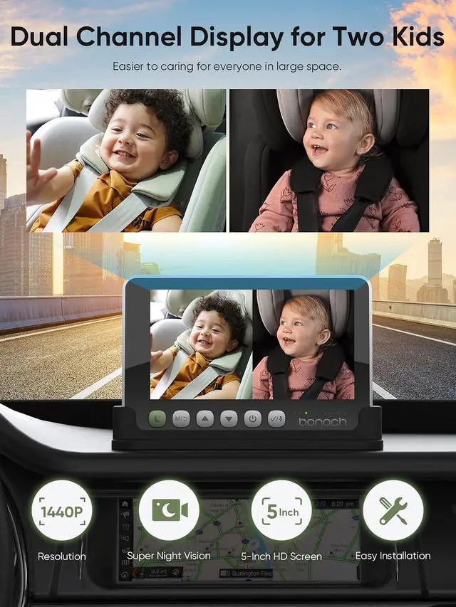 Alt view image 3 of 7 - 5" 1440P Baby Car Camera for 2 Kids, 360° Rotating Adjustable View | Dual Cameras, Split Screen Night Vision, Easy Setup Car Seat Monitor, USB Powered with Charger, Shower Gift for Parents