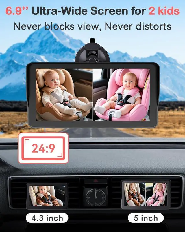 Alt view image 2 of 7 - Dual Baby Car Camera HD 1080P: 6.9" Split-Screen Monitor for 2 Kids & Twins | USB Easy Install Ideal for SUV Minivan - Auto Night Vision 150° Wide View Great Carseat Camera Quality