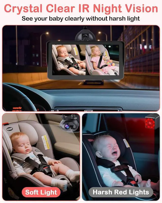 Alt view image 3 of 7 - Dual Baby Car Camera HD 1080P: 6.9" Split-Screen Monitor for 2 Kids & Twins | USB Easy Install Ideal for SUV Minivan - Auto Night Vision 150° Wide View Great Carseat Camera Quality