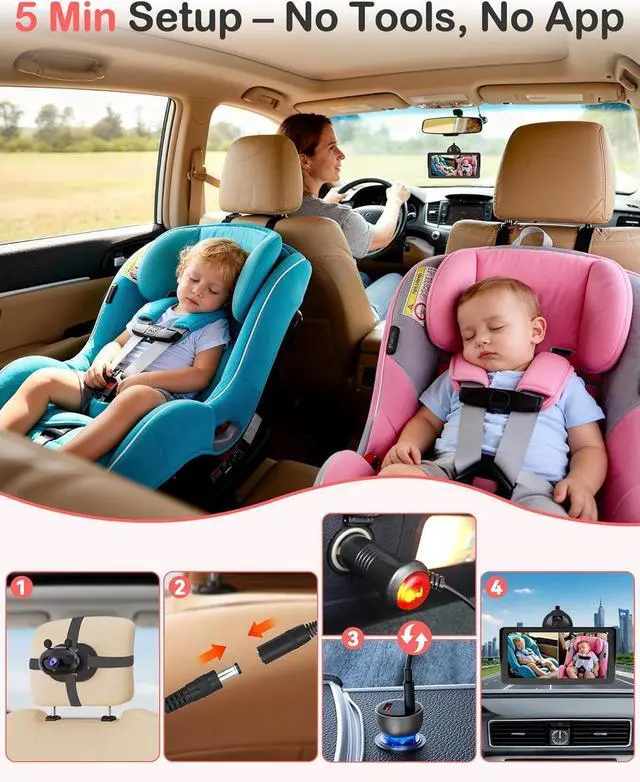 Alt view image 4 of 7 - Dual Baby Car Camera HD 1080P: 6.9" Split-Screen Monitor for 2 Kids & Twins | USB Easy Install Ideal for SUV Minivan - Auto Night Vision 150° Wide View Great Carseat Camera Quality