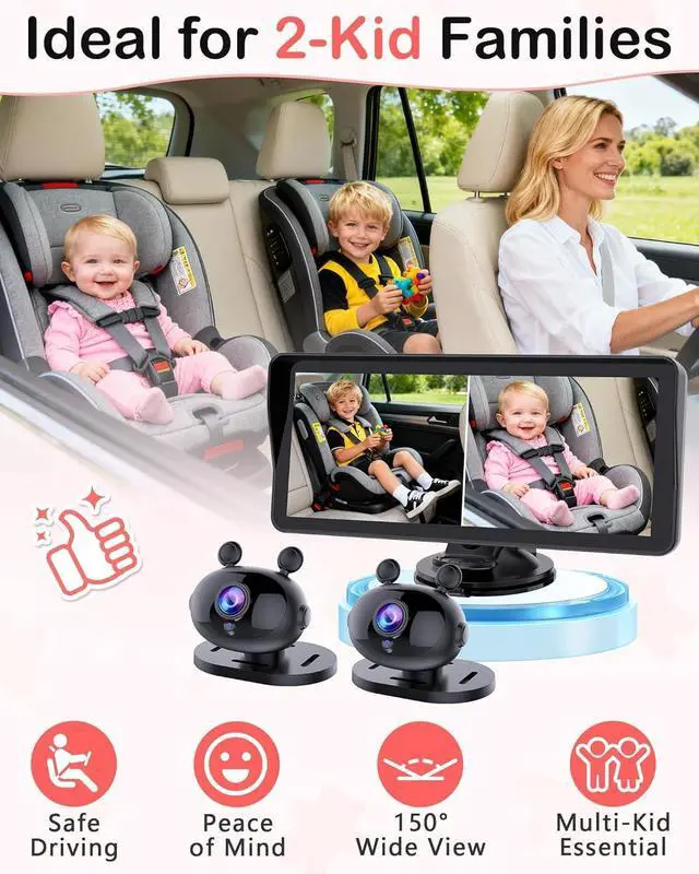 Alt view image 7 of 7 - Dual Baby Car Camera HD 1080P: 6.9" Split-Screen Monitor for 2 Kids & Twins | USB Easy Install Ideal for SUV Minivan - Auto Night Vision 150° Wide View Great Carseat Camera Quality