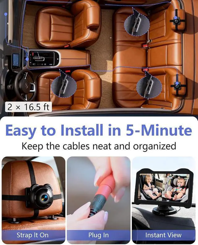 Alt view image 3 of 7 - 1080P Dual Baby Car Camera for 2 Kids: 7.2'' Split Screen Monitor for Twins | Auto-Brightness Car Seat Camera with Cable Clips Organizes Cables for Neat&Easy Setup for Road Trips and Daily Commutes