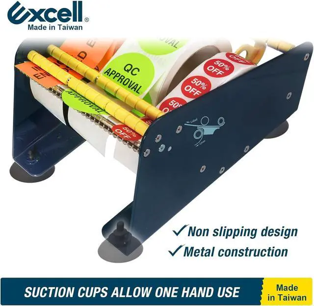 Alt view image 5 of 6 - Excell LD-618 Multi-Roll Metal Table Label Dispenser (Fits up to 6.5") | Sturdy metal dispenser with 4 non-slip suction cups. Removable dividers for multi-roll labels up to 6.5". Easy peeling.