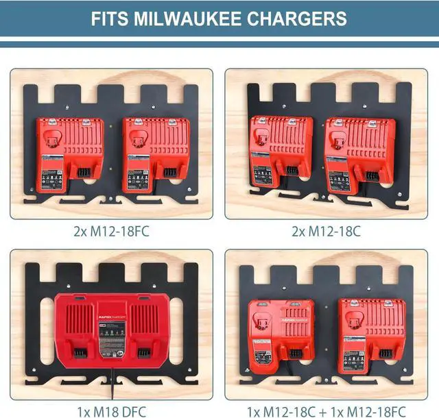Alt view image 3 of 6 - 3-in-1 Metal Wall Mount Rack for Milwaukee Battery, Charger & Drill | 4-M18 Battery Capacity | Fits M12-18C/FC and M18 DFC Chargers | Alloy Steel Material | Space-Saving Wall-Mounted Storage